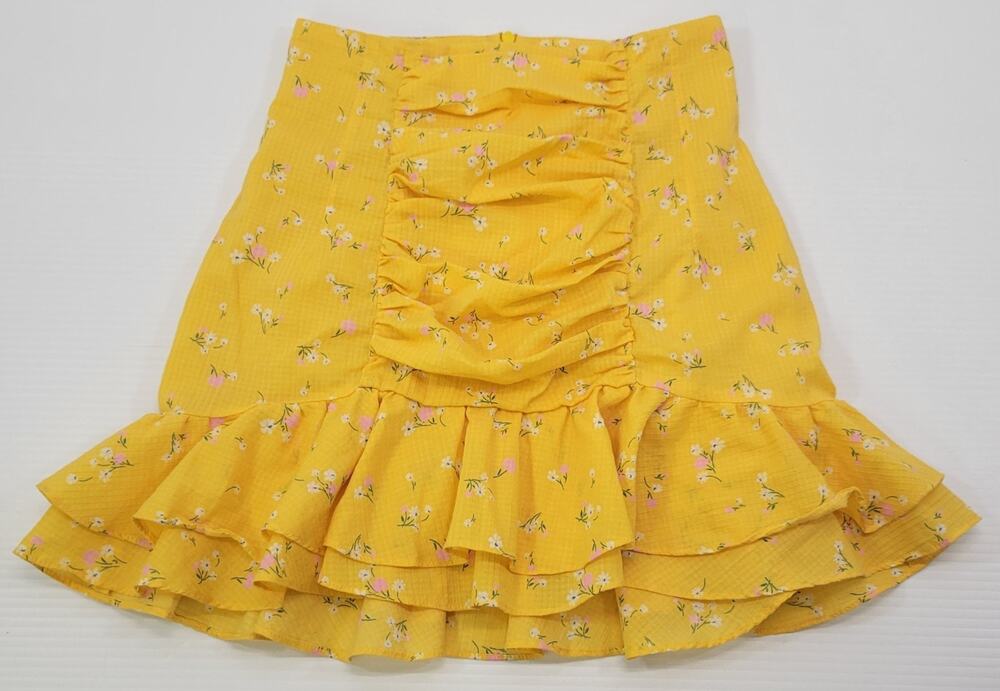 M2) Bec & Bridge Woman Yellow Floral Cotton Ruffle Skirt Size 2
